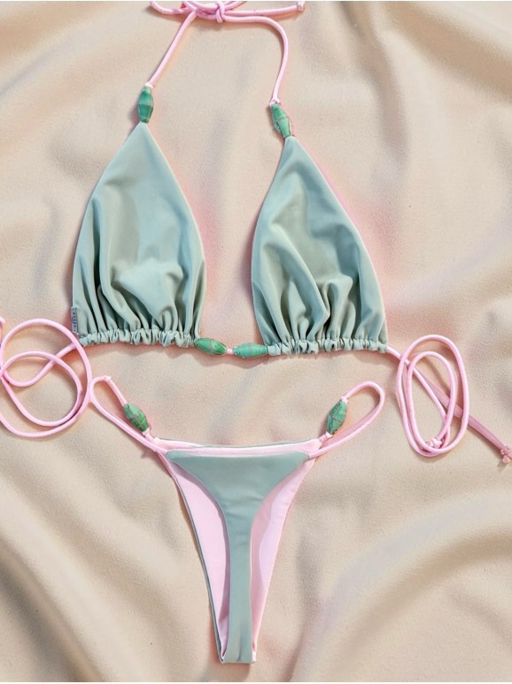 Reversible Sage Green and Pink Triangle Bikini Set
